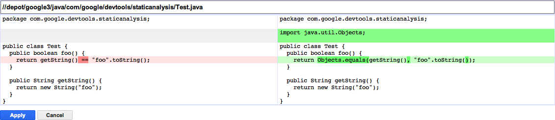 View of an example static analysis fix in Critique