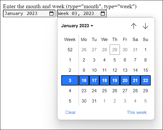 Input Fields for the Month and the Week in Use