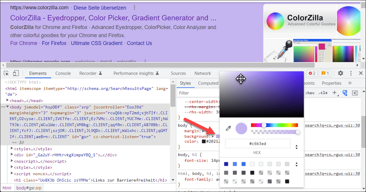 Developer Tools: Color Picker Where You Can Change the Colors of Individual HTML Elements
