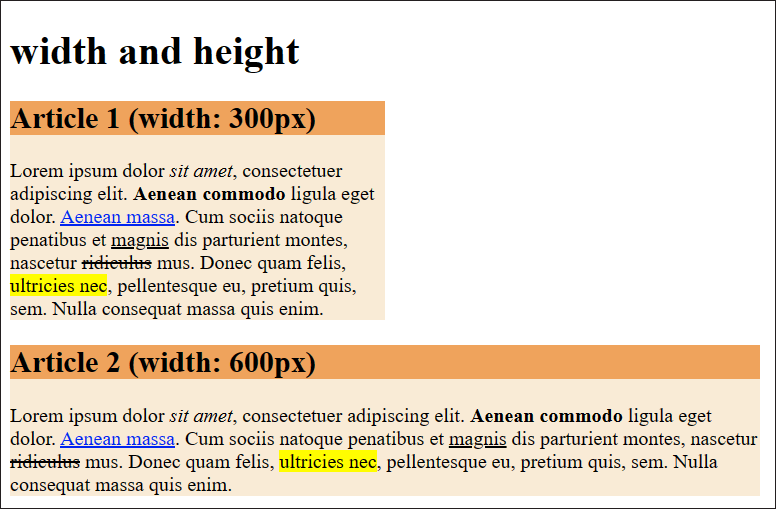Two <article> Elements Were Each Defined via a Class Selector with a Fixed Width (“width”): Top Article Is 300 Pixels Wide, and Bottom Article Is 600 Pixels Wide