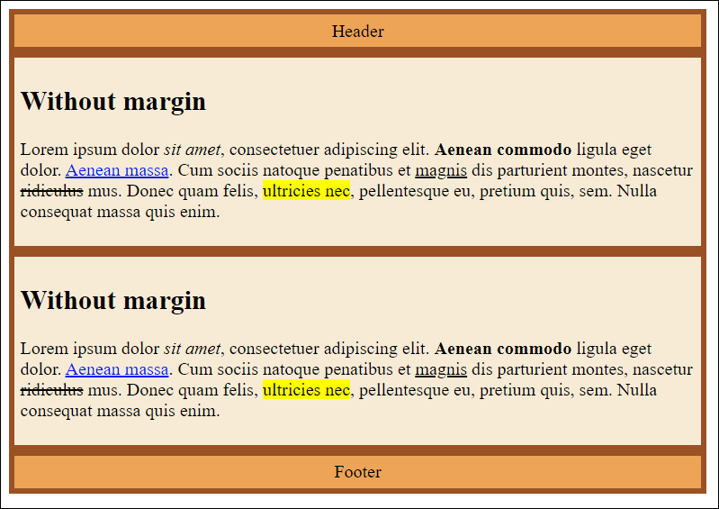 A <header> Element, Two <article> Elements, and One <footer> Element Are Framed, While No Outer Space with “margin” Has Been Used Yet