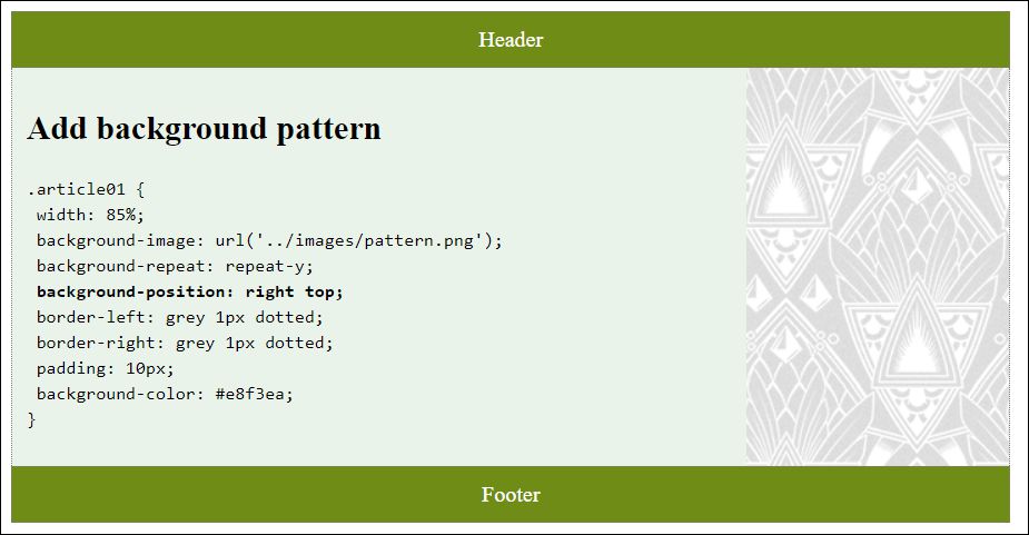 The Pattern Was Positioned via “background-position” at the Top Right (“right top”) and Tiled with “background-repeat” along the Y-Axis (“repeat-y”)