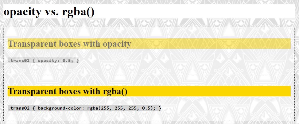 The /examples/chapter011/11_5_4/index.html Example with Transparent Boxes: One with “opacity” and One with “rgba()”