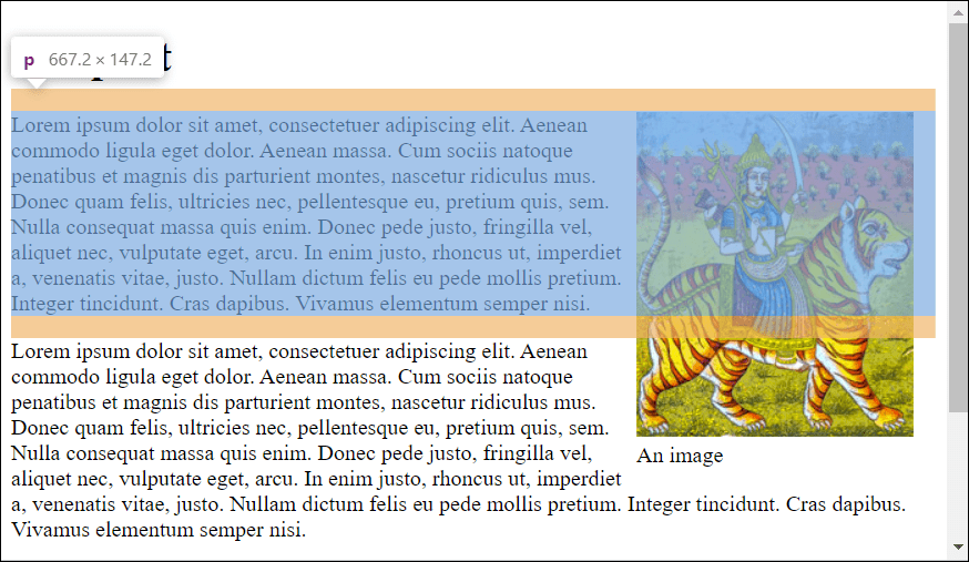 The Proof: Only the Text from the “p” Paragraph Element Flows around the “figure” Element with the Image; “padding”, “border”, “margin”, and “background” Remain