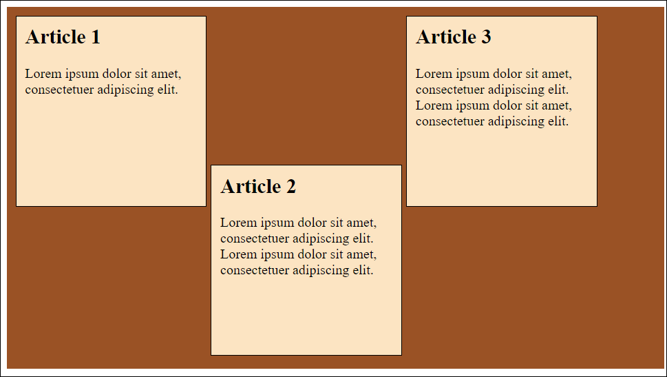 Here I’ve Arranged the Middle Article with “align-self: flex-end;” at the Bottom of the Flexbox