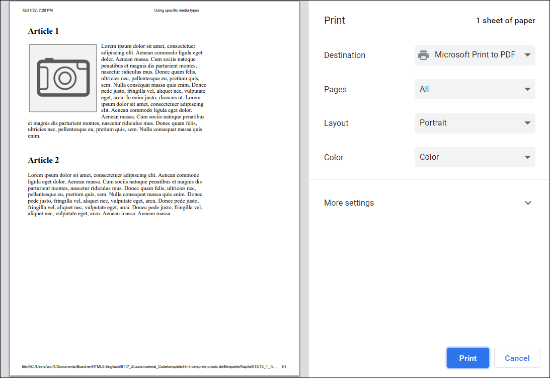The print.css Version for the Printer (“media="print"”) in Use