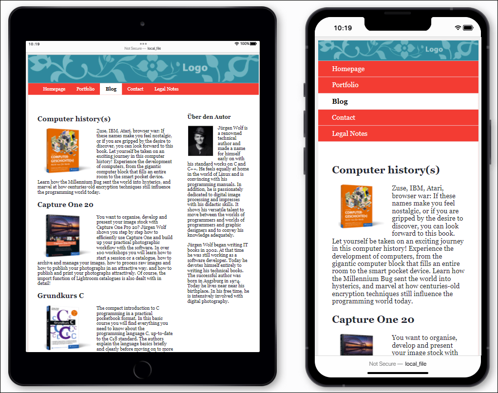 The Width for the Image in the <header> Adjusts for Tablets (Left) and the Width for the Image in the <header> Also Adjusts for Smartphones (Right)