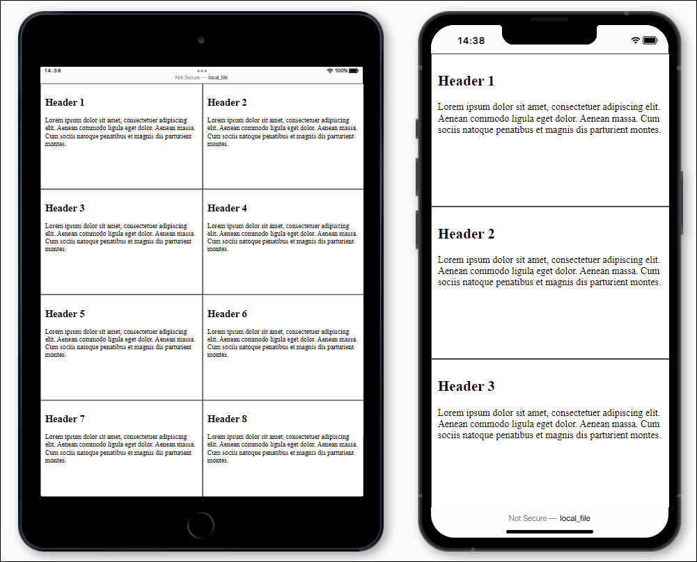 A Two-Column Layout with “width: calc(100% / 2);” for a Viewport of Less Than 640 Pixels (Left) and a Single-Column Layout with “width: 100%;” for the Viewport of Less Than 480 Pixels (Right)