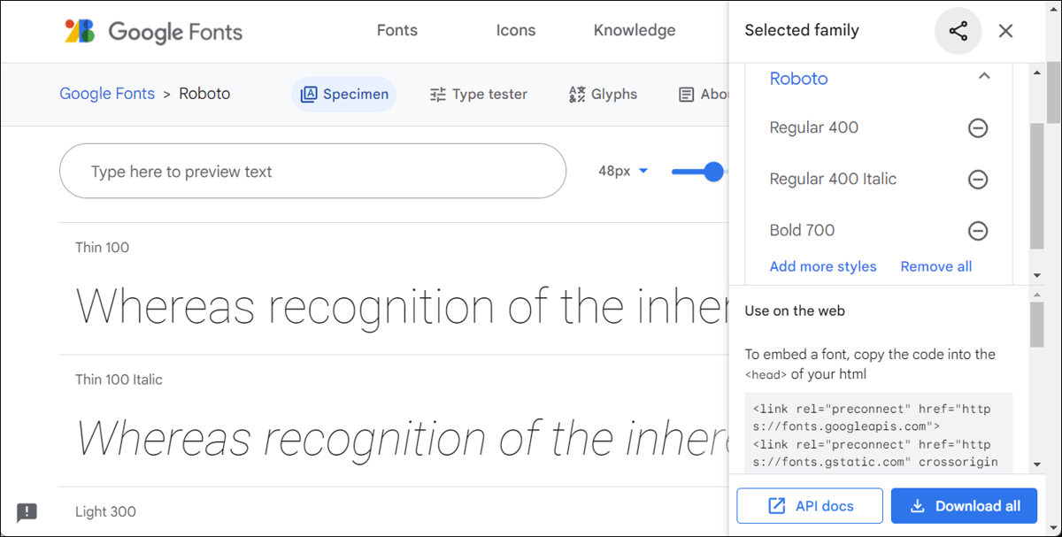 I’ve Chosen the Roboto Font with a Regular, Italic, and Bold Font Style
