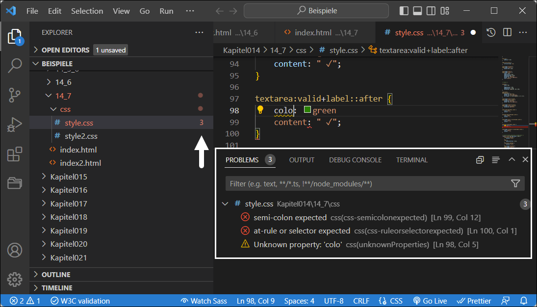 What’s Indispensable for Me Is a Validation of HTML and CSS during the Writing Process of HTML and CSS, Like Here with Visual Studio Code from Microsoft
