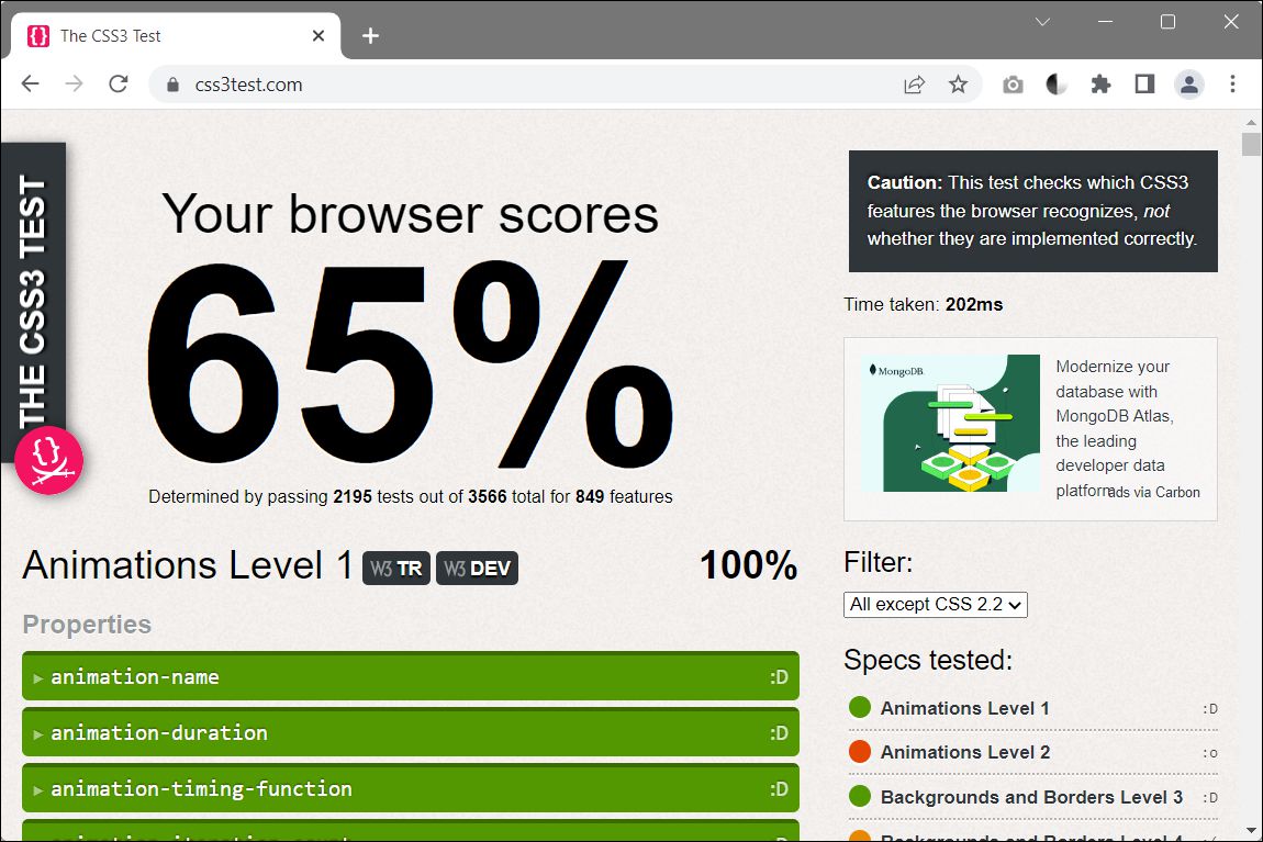 On https://css3test.com, You Get a Nice List of What the Web Browser Can and Can’t (Yet) Do in Detail