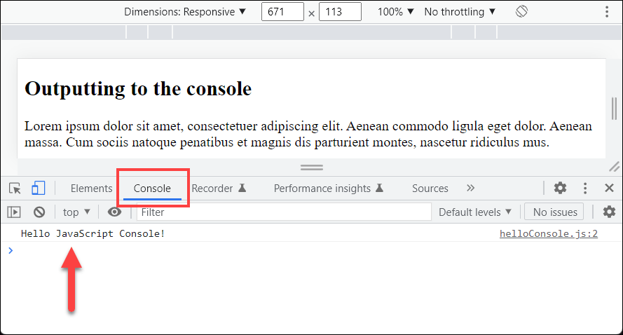 The Output of the JavaScript to the Console of the Web Browser