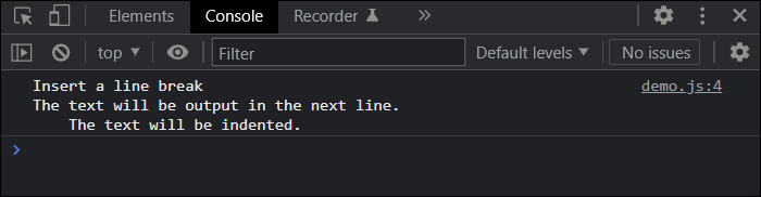 The Example with a Line Break and a Tab Feed during Execution