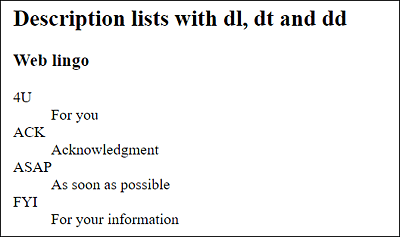 Descriptions (<dd> Elements) Slightly Indented Compared to the Expression (<dt> Elements)