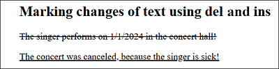 The <del> Element Used to Delete a Paragraph Text and Insert a New Paragraph with a New Message between <ins> and </ins>