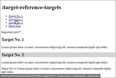 The Pseudo-Class “:target” for “Target No. 2”, Resulting in the Heading Now Being Displayed with a Gray Background