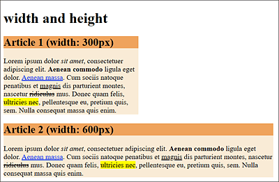 Two <article> Elements Were Each Defined via a Class Selector with a Fixed Width (“width”): Top Article Is 300 Pixels Wide, and Bottom Article Is 600 Pixels Wide