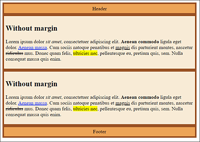 A <header> Element, Two <article> Elements, and One <footer> Element Are Framed, While No Outer Space with “margin” Has Been Used Yet