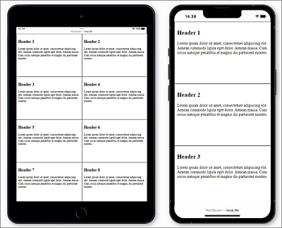 A Two-Column Layout with “width: calc(100% / 2);” for a Viewport of Less Than 640 Pixels (Left) and a Single-Column Layout with “width: 100%;” for the Viewport of Less Than 480 Pixels (Right)