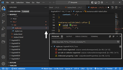 What’s Indispensable for Me Is a Validation of HTML and CSS during the Writing Process of HTML and CSS, Like Here with Visual Studio Code from Microsoft