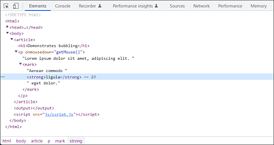 Thanks to Bubbling, the Event That Triggers on the <strong> Element or <mark> Element Will Rise, Which Will Execute the Handler of the <p> Element