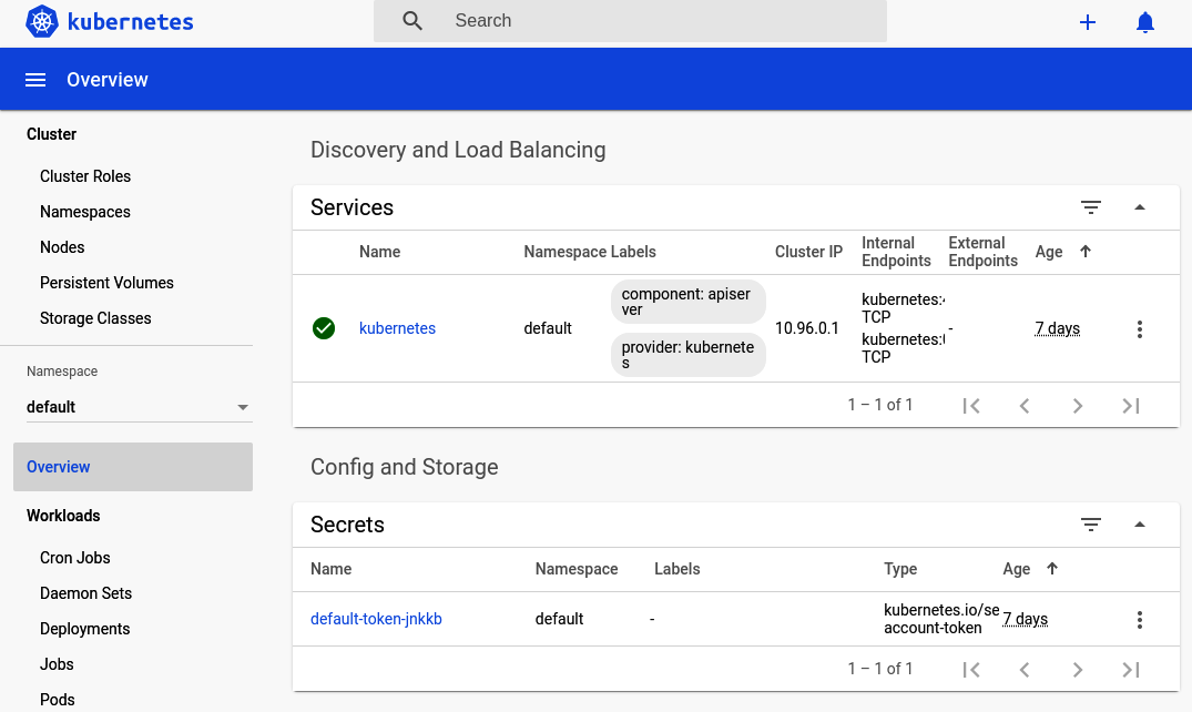 The Kubernetes Dashboard Overview, listing Services and Secrets