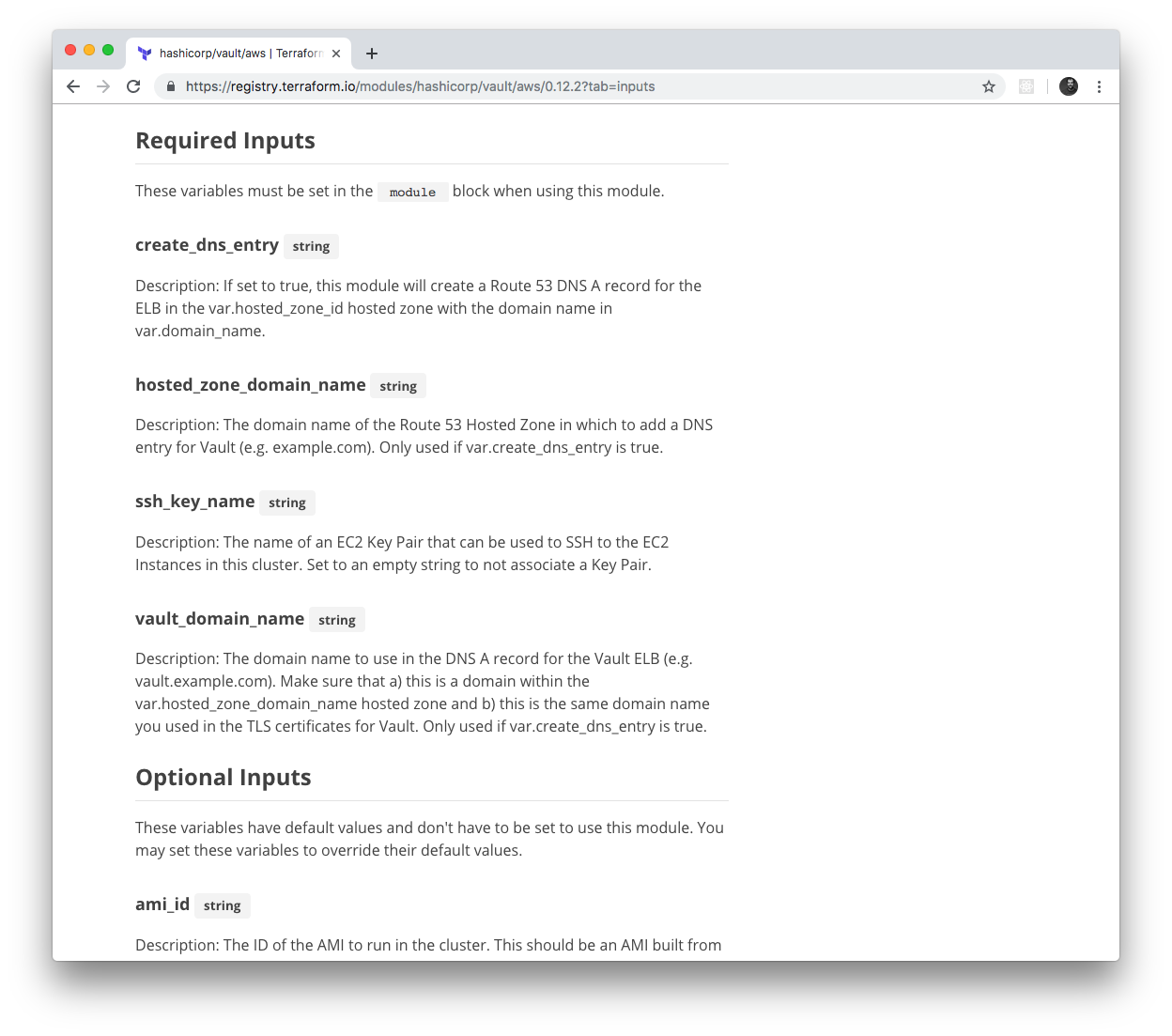 The Terraform Registry automatically parses and displays module inputs and outputs