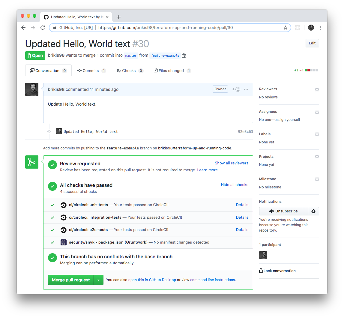 GitHub Pull Request showing automated test results from CircleCi